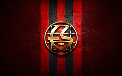 Eskisehirspor FC, golden logotyp, 1 league, red metal bakgrund, fotboll, Eskisehirspor FK, turkish football club, Eskisehirspor logotyp, Turkiet