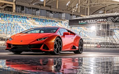 Lamborghini Huracan EVO, 2020, vue de face, orange supercar, orange Huracan, des voitures de sport italiennes, Lamborghini