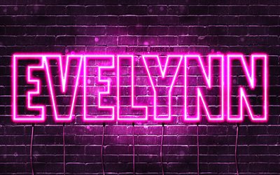 Evelynn, 4k, tapeter med namn, kvinnliga namn, Evelynn namn, lila neon lights, &#246;vergripande text, bild med Evelynn namn