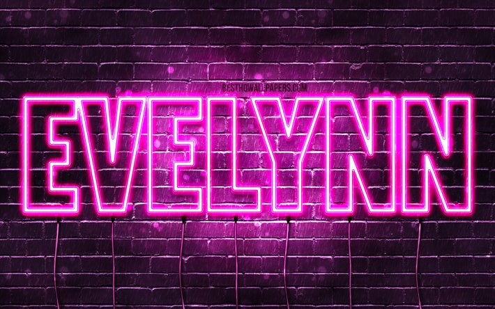 Evelynn, 4k, خلفيات أسماء, أسماء الإناث, Evelynn اسم, الأرجواني أضواء النيون, نص أفقي, صورة مع Evelynn اسم