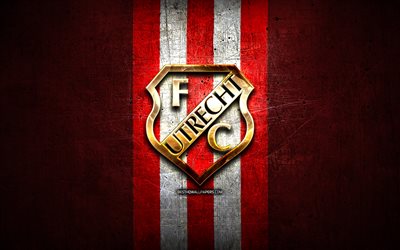 FC Utrecht, golden logo, Eredivisie, red metal background, football, Utrecht FC, Dutch football club, FC Utrecht logo, soccer, Netherlands