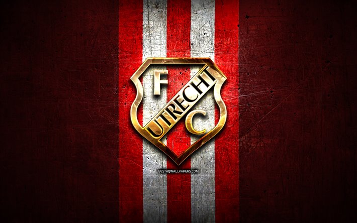 FC Utrecht, logo dorato, Eredivisie, rosso, metallo, sfondo, calcio, olandese football club, FC Utrecht logo, paesi Bassi