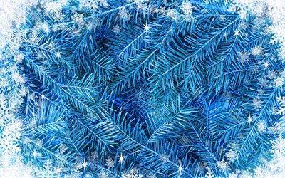 blue christmas tree branch texture, winter texture, tree texture, tree branches, winter blue background, texture with snowflakes, winter frame