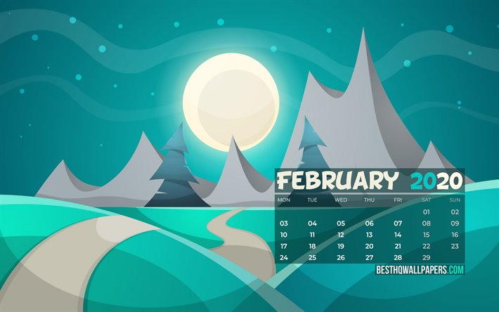februar 2020-kalender, - 4k, - karikatur-winter-landschaft 2020-kalender, februar 2020, kreativ, winter landschaft, februar 2020 kalender mit winter -, kalender-februar 2020, blauer hintergrund, 2020 kalender