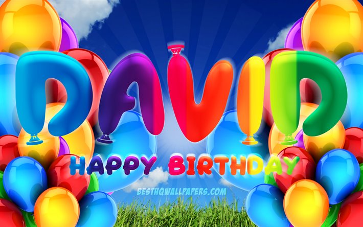 David Happy Birthday, 4k, cloudy sky background, popular german male names, Birthday Party, colorful ballons, David name, Happy Birthday David, Birthday concept, David Birthday, David