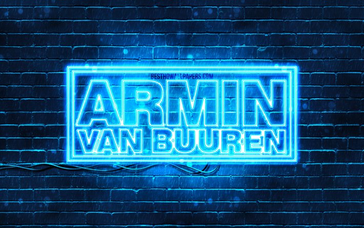Armin van Buuren mavi logo, 4k, s&#252;perstar, Hollandalı dj, mavi, brickwall, Armin van Buuren logo m&#252;zik yıldızları, Armin van Buuren, neon logo