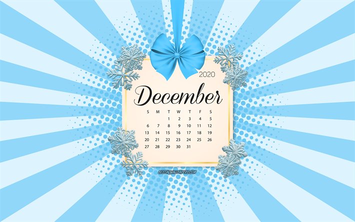 2020 December Calendar, blue background, winter 2020 calendars, December, 2020 calendars, snowflakes, retro style, December 2020 Calendar, calendar with snowflakes