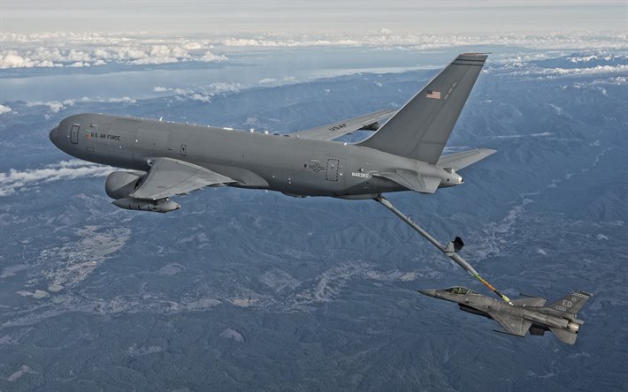 Boeing KC-46 Pegasus, military aerial refueling aircraft, US Air Force, strategic military transport aircraft, US military aircraft, aircraft refueling in the air, General Dynamics F-16 Fighting Falcon, USA