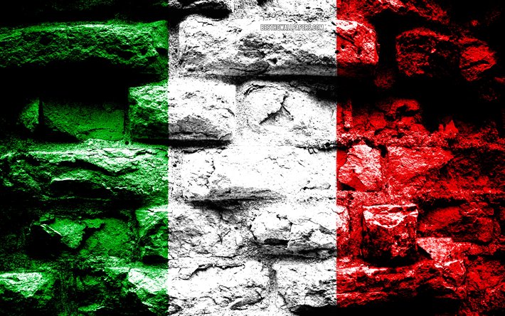 Italy flag, grunge brick texture, Flag of Italy, flag on brick wall, Italy, Europe, flags of european countries, Italian flag