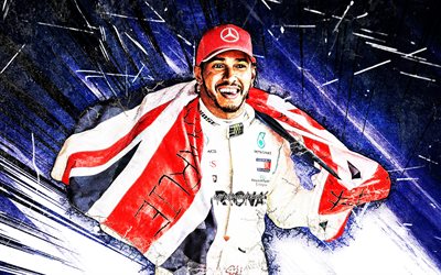 4k, Lewis Hamilton, en 2019, Mercedes-AMG Petronas Motorsport, grunge de l&#39;art, le british racing drivers, 2019 voitures de F1, Formule 1, Lewis Hamilton avec le drapeau, F1 2019, Lewis Carl Davidson Hamilton, F1