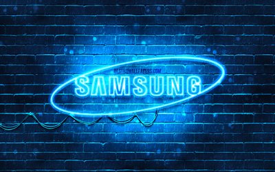Samsung blue logo, 4k, blue brickwall, Samsung logo, brands, Samsung neon logo, Samsung