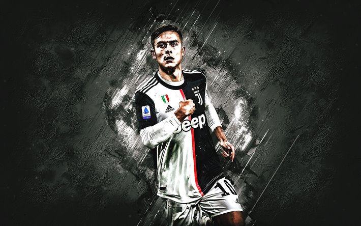 Paulo Dybala, Juventus FC, Argentinean footballer, portrait, gray stone background, Serie A, Italy, Juventus uniform 2020, football stars, Dybala Juventus