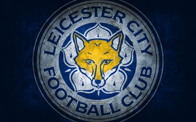 Leicester City FC, English football club, blue stone background, Leicester City FC logo, grunge art, Premier League, football, England, Leicester City FC emblem