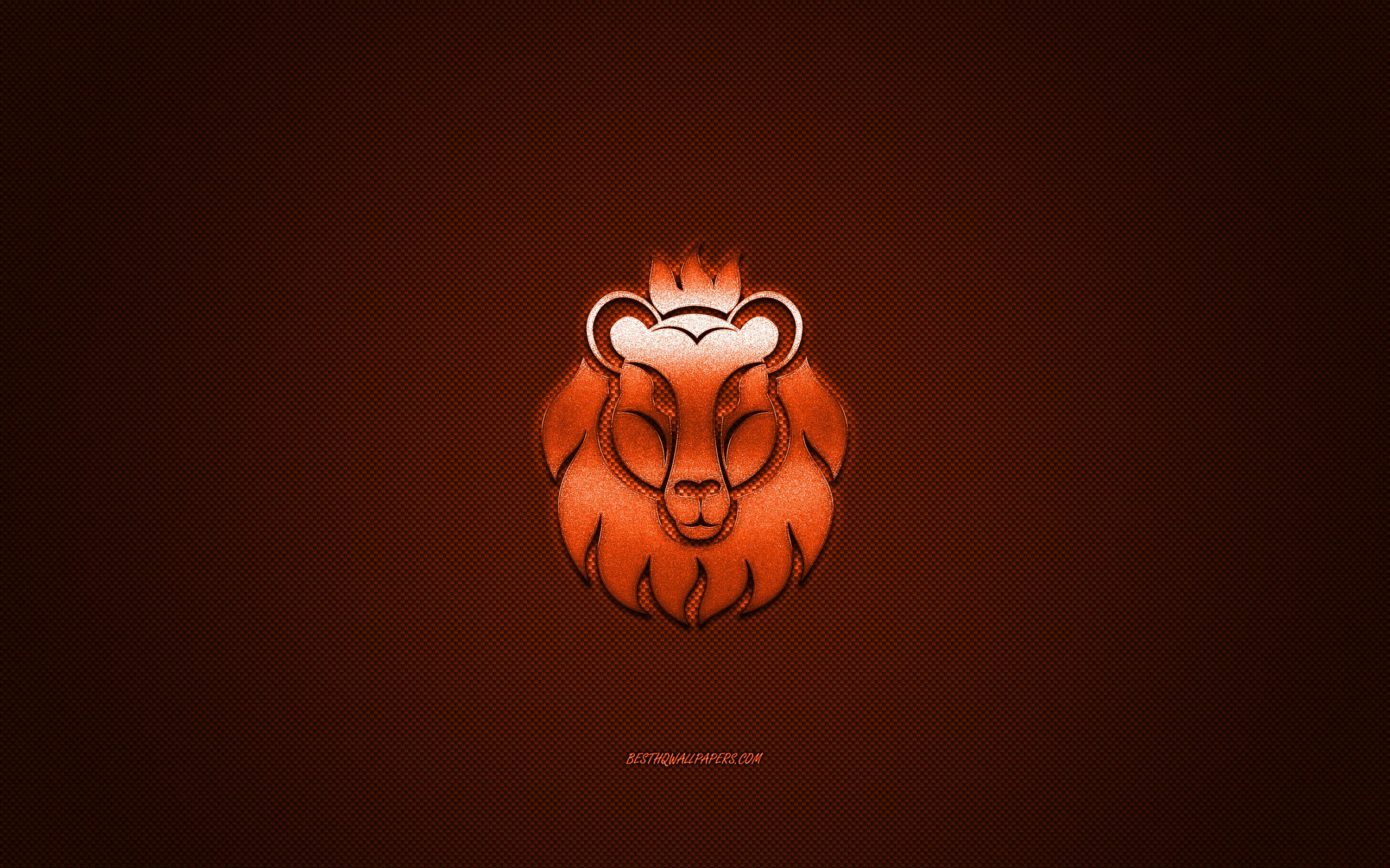 Download wallpapers Leo zodiac sign, metallic signs of the zodiac, Leo,  orange carbon background, Leo Horoscope sign, Leo zodiac symbol for desktop  with resolution 2560x1600. High Quality HD pictures wallpapers