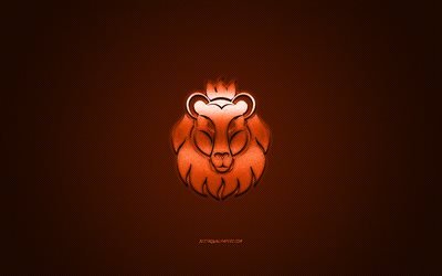 Segno zodiacale leone, segni metallici dello zodiaco, Leone, sfondo di carbonio arancione, segno dell&#39;oroscopo di Leone, simbolo zodiacale di Leone