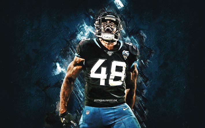 Leon Jacobs, Jacksonville Jaguars, NFL, American football, blue stone background, USA