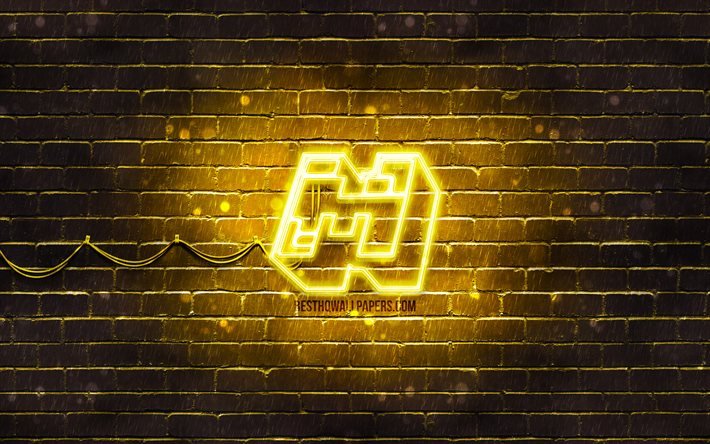 Minecraft sarı logosu, 4k, sarı tuğla duvar, Minecraft logosu, 2020 oyunları, Minecraft neon logosu, Minecraft