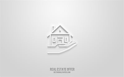 Icona 3d offerta immobiliare, sfondo bianco, simboli 3d, offerta immobiliare, icone immobiliare, icone 3d, segno offerta immobiliare, icone 3d immobiliare