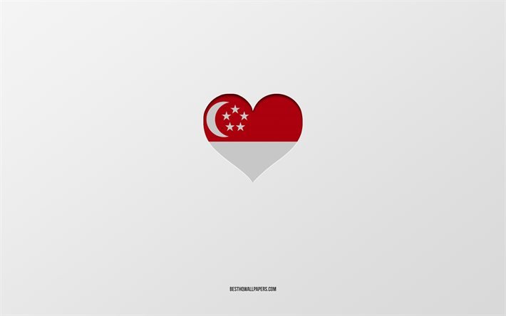 ich liebe singapur, asien l&#228;nder, singapur, grauer hintergrund, singapur flagge herz, lieblingsland, liebe singapur