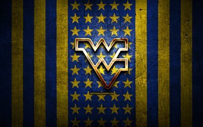 West Virginia Mountaineers flag, NCAA, yellow blue metal background, american football team, West Virginia Mountaineers logo, USA, american football, golden logo, West Virginia Mountaineers