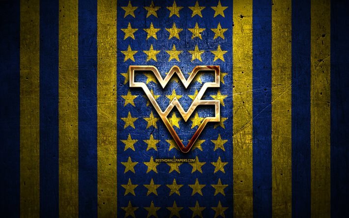 ウェストバージニアマウンテニアーズフラグ, 全米大学体育協会, 黄青色の金属の背景, アメリカンフットボール, ウェストバージニアマウンテニアーズのロゴ, 米国, 黄金のロゴ, ウェストバージニアマウンテニアーズ