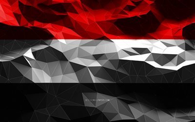 4k, Yemen bayrağı, d&#252;ş&#252;k poli sanat, Asya &#252;lkeleri, ulusal semboller, Yemen Bayrağı, 3D bayraklar, Yemen, Asya, Yemen 3D bayrak