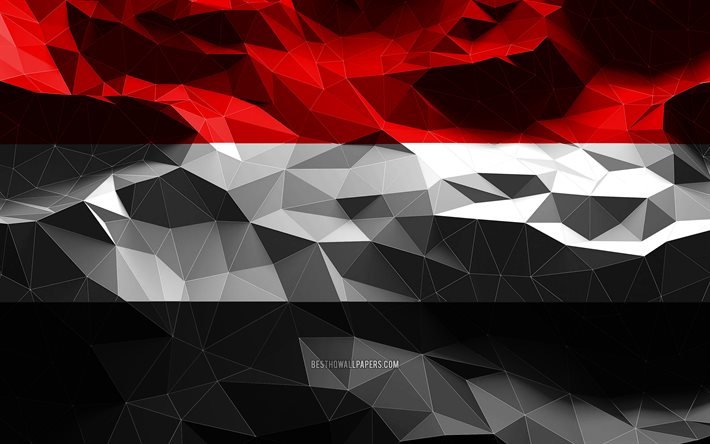 4k, Jemenitisk flagga, l&#229;g poly konst, Asiatiska l&#228;nder, nationella symboler, Yemen flagga, 3D flaggor, Yemen, Asien, Yemen 3D flagga