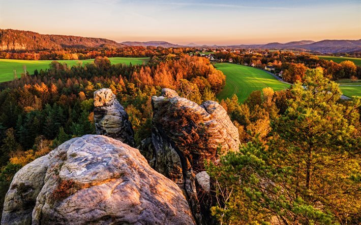 ザクセン州, 4k, 秋, 美しい自然, 森，森林, sunset, ドイツ, ヨーロッパ, 美しい景色
