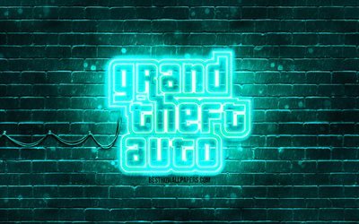 GTA turquoise logo, 4k, turquoise brickwall, Grand Theft Auto, GTA logo, GTA neon logo, GTA, Grand Theft Auto logo