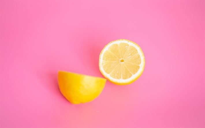 ピンクの背景にレモン, 柑橘類, レモン, ピンクの背景, 柑橘系の背景