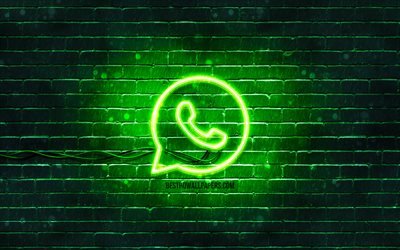 Logotipo verde do WhatsApp, 4k, parede de tijolos verde, logotipo do WhatsApp, redes sociais, logotipo do n&#233;on do WhatsApp, WhatsApp