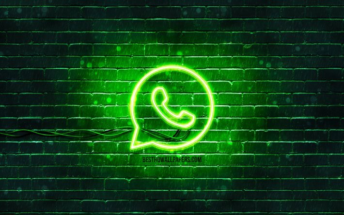WhatsAppの緑のロゴ, 4k, 緑のブリックウォール, WhatsAppロゴ, ソーシャルネットワーク, WhatsAppネオンロゴ, WhatsApp