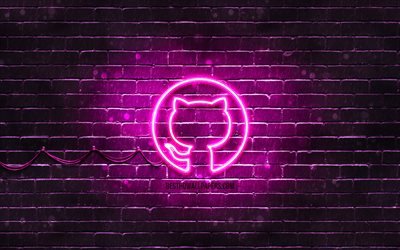 Logotipo roxo do Github, 4k, parede de tijolos roxa, logotipo do Github, redes sociais, logotipo de n&#233;on do Github, Github