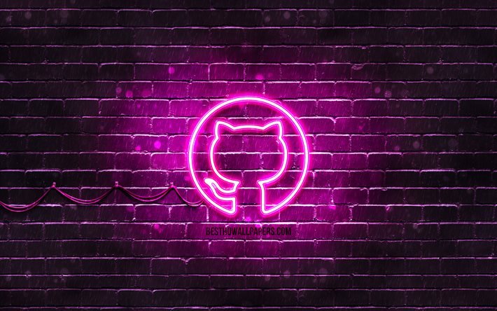 Github purple logo, 4k, purple brickwall, Github logo, social networks, Github neon logo, Github