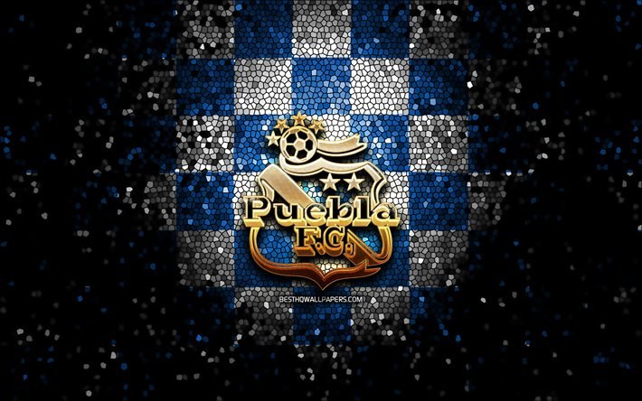 Puebla FC, logo de paillettes, Liga MX, fond damier blanc bleu, football, club de football mexicain, logo Club Puebla, art de la mosa&#239;que, Club Puebla