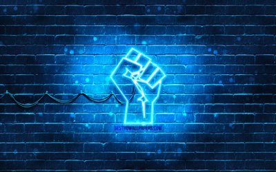 Raised fist neon icon, 4k, blue background, power concepts, neon symbols, Raised fist, neon icons, Raised fist sign, people signs, Raised fist icon, people icons