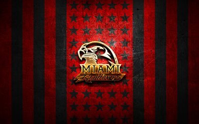Miami RedHawks flag, NCAA, red black metal background, american football team, Miami RedHawks logo, USA, american football, golden logo, Miami RedHawks