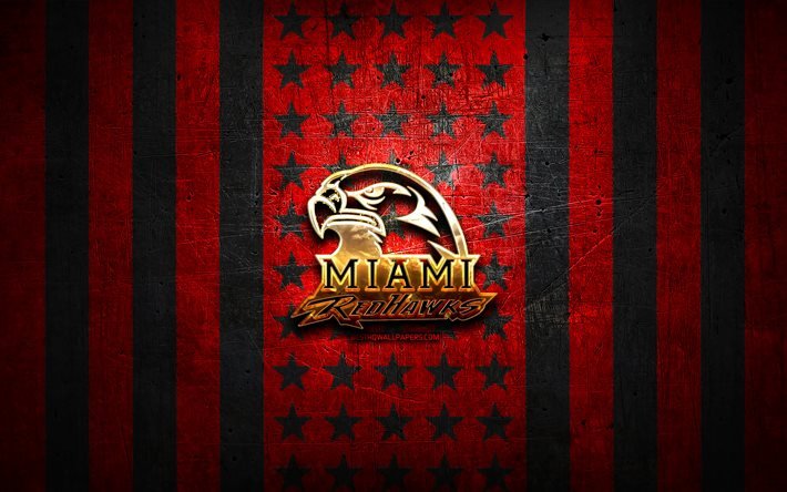 Drapeau des RedHawks de Miami, NCAA, fond m&#233;tal noir rouge, &#233;quipe de football am&#233;ricain, logo des RedHawks de Miami, USA, football am&#233;ricain, logo dor&#233;, RedHawks de Miami