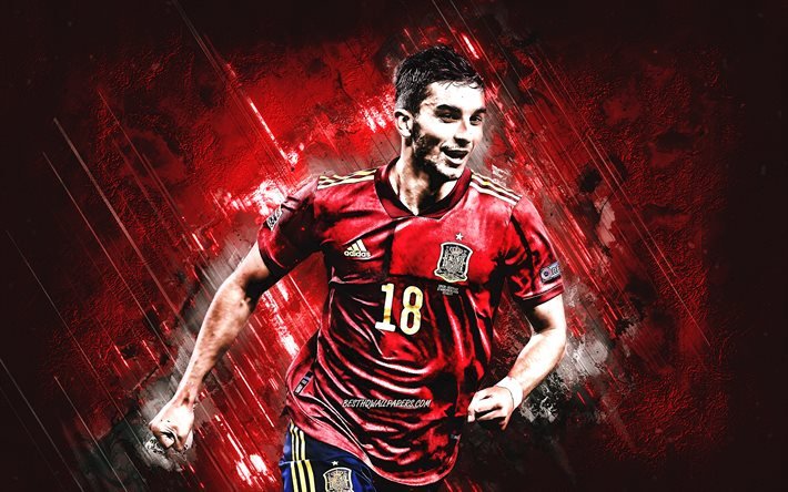 Ferran Torres, sele&#231;&#227;o espanhola de futebol, jogador de futebol espanhol, retrato, Espanha, futebol, fundo de pedra vermelha