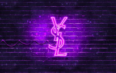 Yves Saint Laurent violett logotyp, 4k, violett brickwall, Yves Saint Laurent logo, modem&#228;rken, Yves Saint Laurent neonlogotyp, Yves Saint Laurent