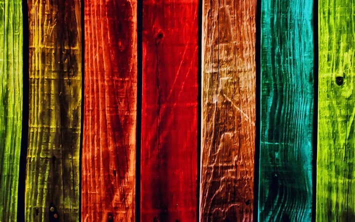 pranchas de madeira coloridas, 4k, pranchas de madeira verticais, cerca colorida, textura de madeira colorida, pranchas de madeira, texturas de madeira, fundos de madeira, fundos de arco-&#237;ris