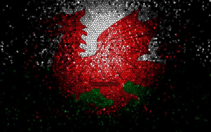 Walesisk flagga, mosaikkonst, europeiska l&#228;nder, Wales flagga, nationella symboler, konstverk, Europa, Wales