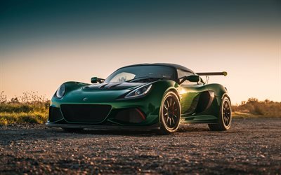 Lotus Exige, coup&#233; sport vert, soir&#233;e, coucher de soleil, Exige vert, voitures de sport britanniques, Lotus