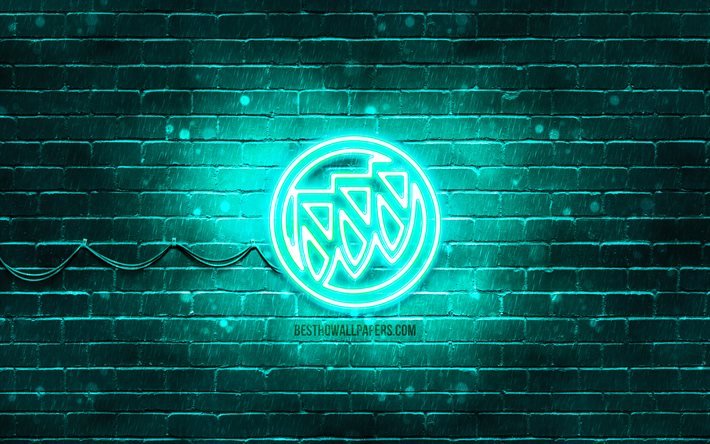 Logo Buick turquoise, 4k, brickwall turquoise, logo Buick, marques de voitures, logo Buick n&#233;on, Buick