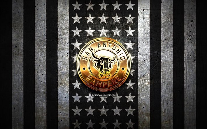 Bandeira do San Antonio Rampage, AHL, fundo de metal branco preto, time americano de h&#243;quei, logotipo do San Antonio Rampage, EUA, h&#243;quei, logotipo dourado, San Antonio Rampage