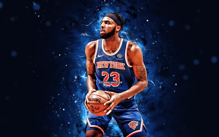 Mitchell Robinson, 4k, New York Knicks, NBA, basket-ball, Mitchell Robinson New York Knicks, n&#233;ons bleus, Mitchell Robinson 4K, NY Knicks
