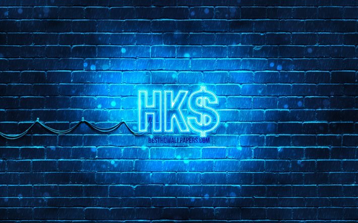 Hong Kong dollar neon ikon, 4k, bl&#229; bakgrund, valuta, neon symboler, Hong Kong dollar, neon ikoner, Hong Kong dollar tecken, valutatecken, Hong Kong dollar ikon, valuta ikoner