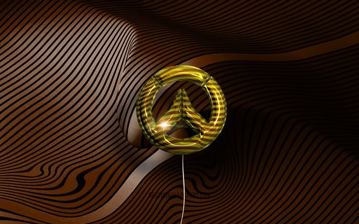 Overwatch 3D logo, 4K, golden realistic balloons, Overwatch logo, brown wavy backgrounds, Overwatch