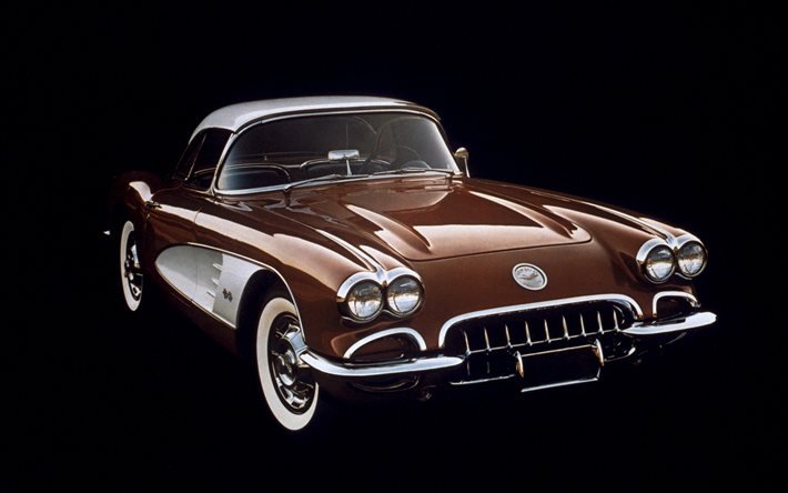 Chevrolet Corvette, retro-autot, 1958-autot, amerikkalaiset autot, 1958 Chevrolet Corvette, ruskea Corvette, superautot, Chevrolet, HDR