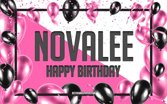 Buon compleanno Novalee, Sfondo di palloncini di compleanno, Novalee, sfondi con nomi, Sfondo di compleanno di palloncini rosa, biglietto di auguri, Compleanno di Novalee